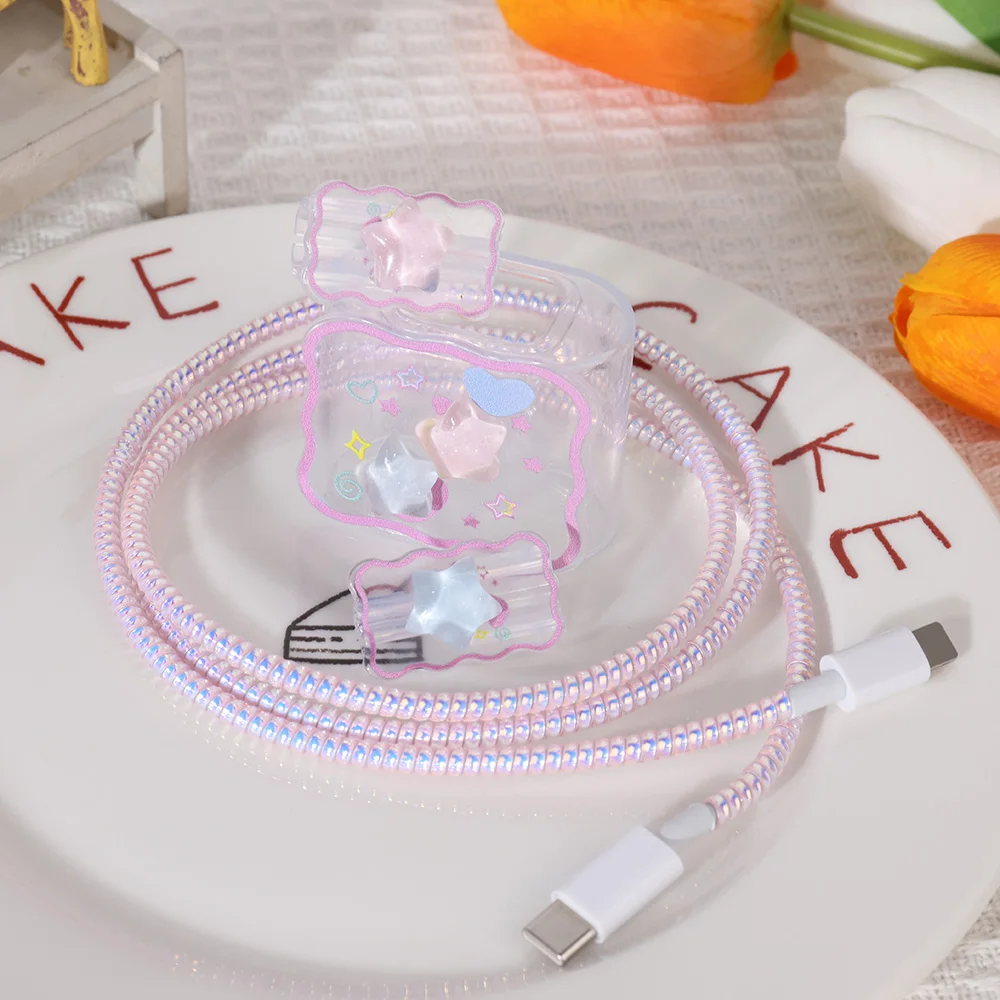 Convenient Flower Transparent USB 20W Phone Charger Protective Case With Cable Winder Cover For IPhone Power Adapter Protector