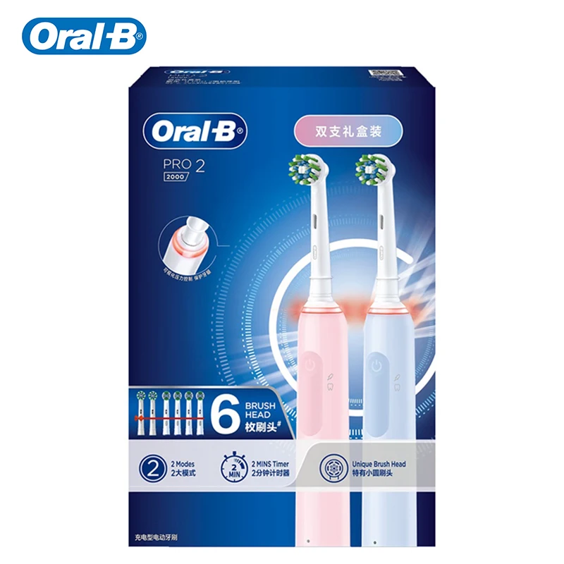 Oral-B Pro 2 Electric Toothbrush Blue & Pink Dual Pack 2 Handles 6 Heads Smart Pressure Sensor Timer Deep Clean Gum Care