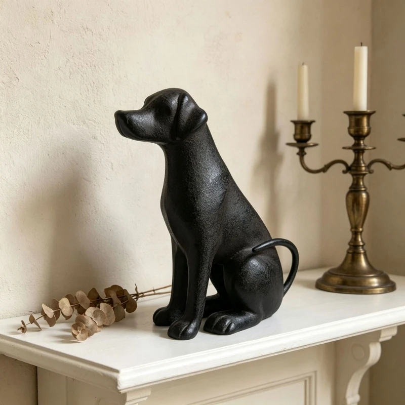 Aged-Character Iron Dog Sculpture in a Sitting Pose for Living Room Sideboards, Entryways, and Home Shelf Displays KXRE
