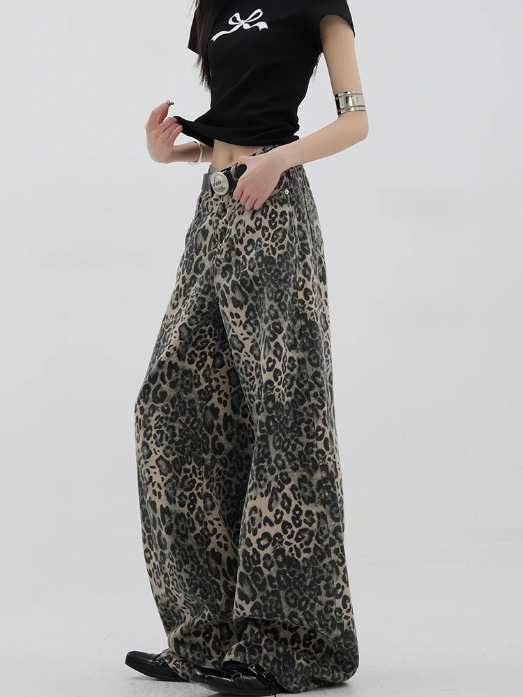 Leopard Print Jeans Women Summer New High Waisted Vintage Wide Leg Pants Streetwear Fashion Casual Baggy Denim Trousers Y2k