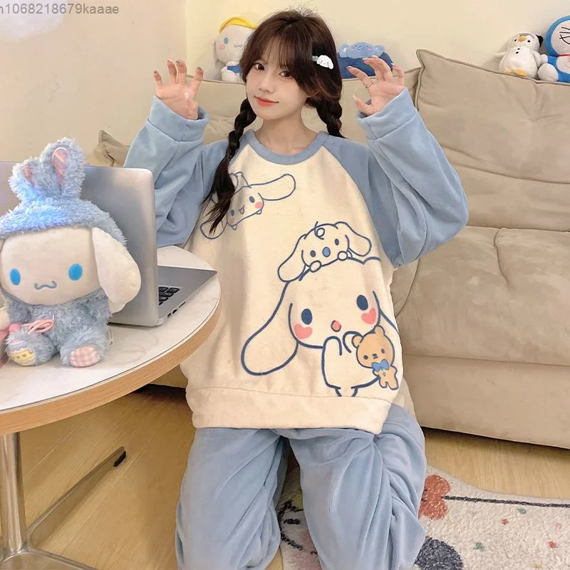 Sanrio Kuromi Cinnamoroll Cartoon Coral Plush Pajamas Sweet Cute Warm Sleepwear Women Autumn Winter New Thicken Flannel Home Set