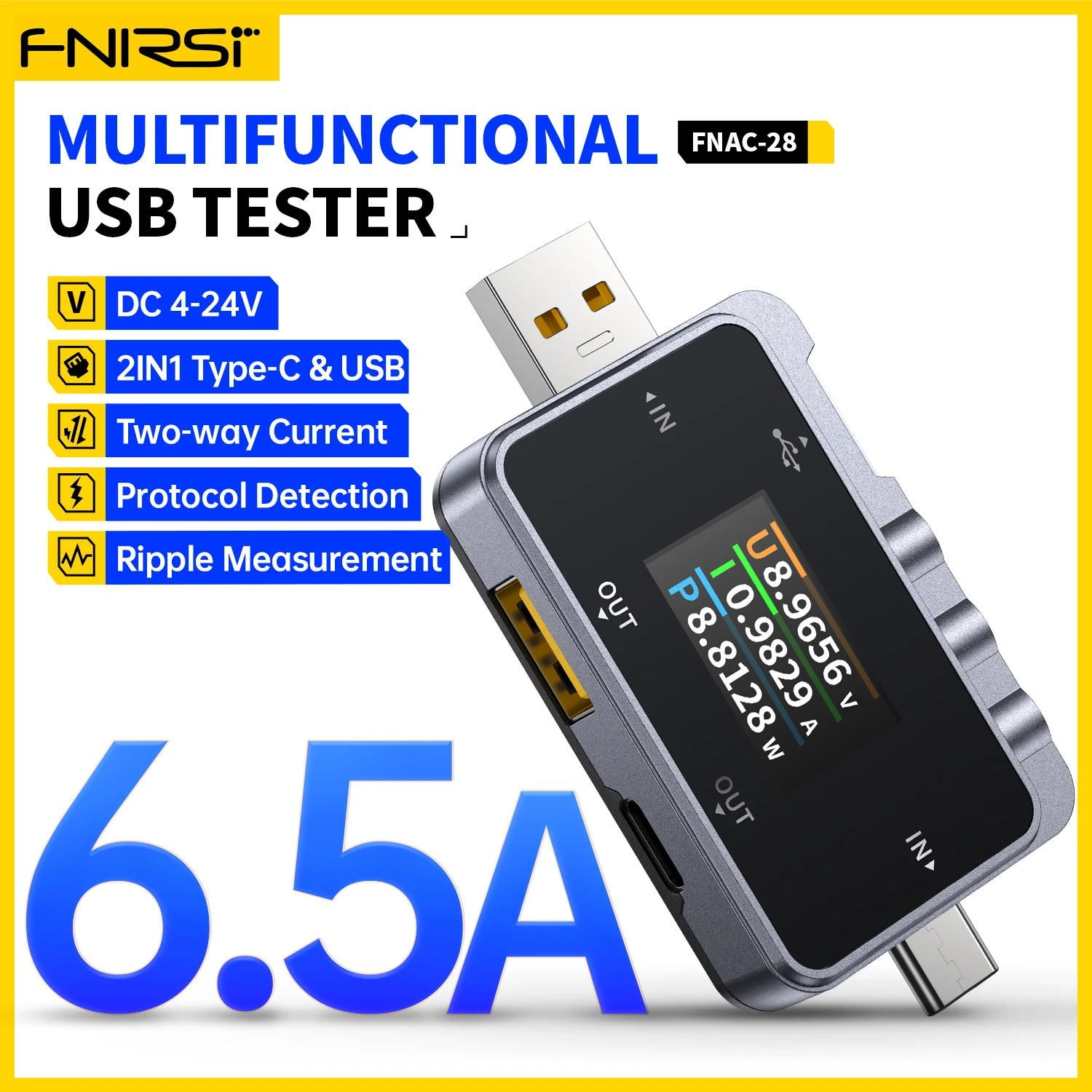 FNIRSI FNAC-28 2 IN 1 Type-C USB Tester Digital Voltmeter Ammeter Amperimetor Voltage Current Meter Power Bank Charger Measure