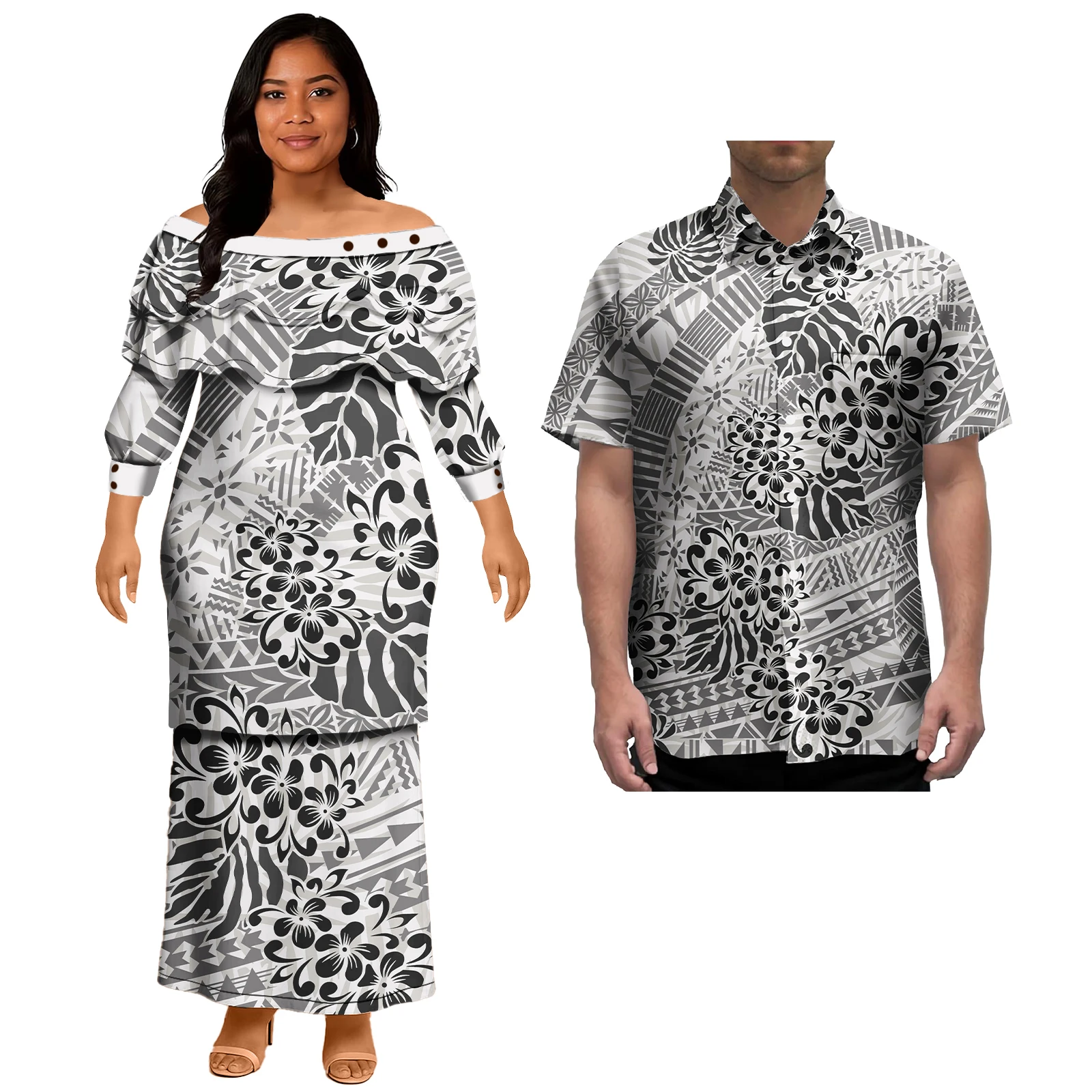 Polynesian Puletasi Ruffles ผู้หญิงเลดี้ Elegant เซ็กซี่ชุดลําลองและชายเสื้อชุดคู่เสื้อผ้า