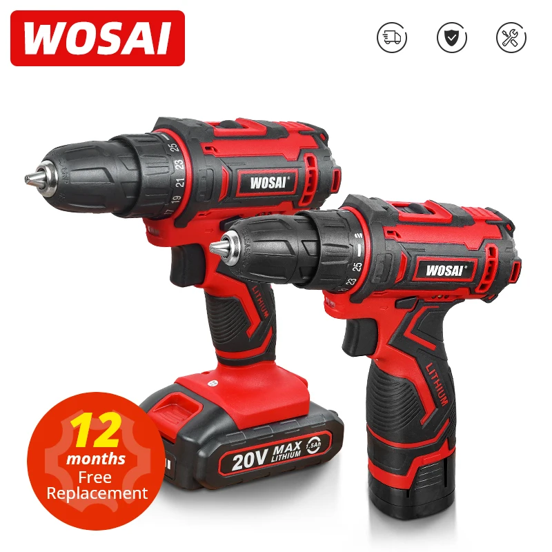 WOSAI 12V 16V 20V Cordless Drill lithium-ion Battery Electric Screwdriver 25+1 Torque Mini Wireless Power Driver DIY Power Tools