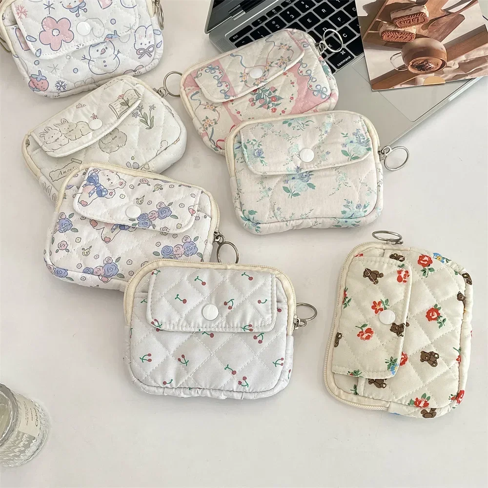Kawaii Floral Coin Purse Korean Style Cartoon Printing Small Makeup Lipstick Bag Multifuctional Jewelry Packing Bag