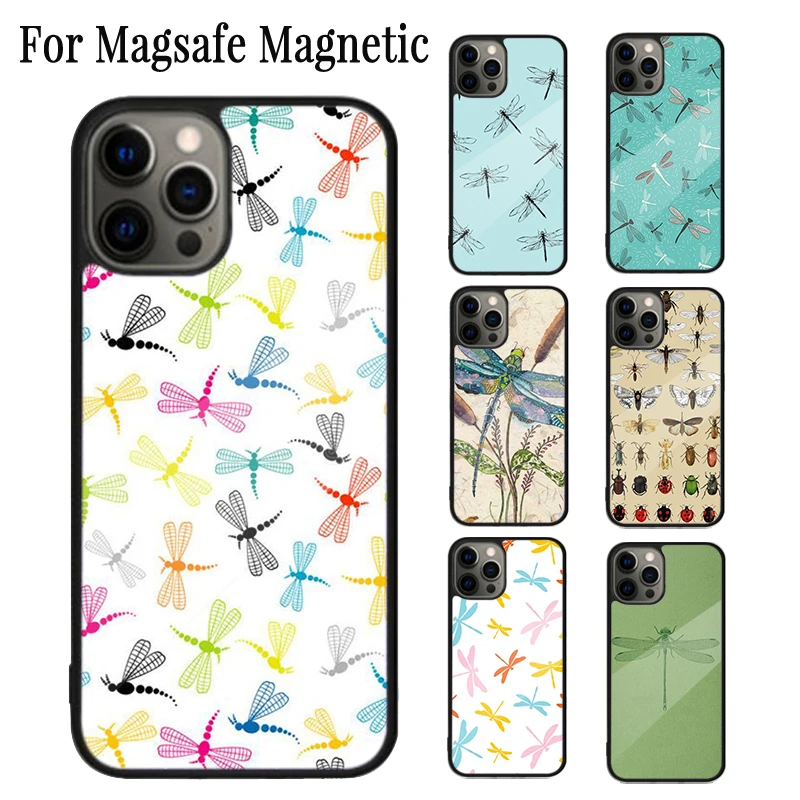 Dragonfly Insect Pattern Magnetic Phone Case Coque For iPhone 16 15 14 Plus 13 12 Mini 11 Pro Max Magsafe Wireless Cover