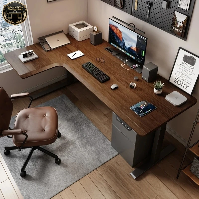 Seven-shaped Large Boss Office Desk Electric Adjustable Height Computer Desk Table with LED Display Motion Gaming Desk for Home