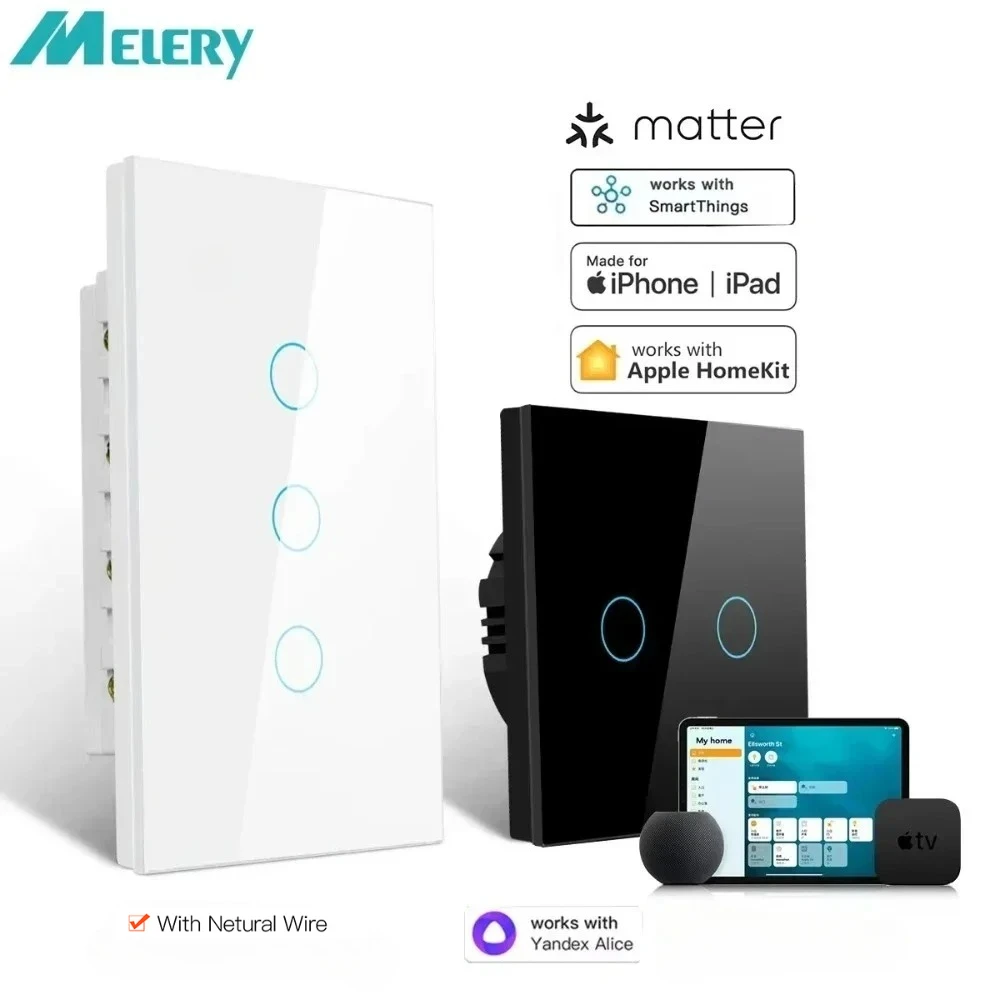 Melery Matter Thread Light Wall Switch WiFi Smart Touch Sensor Remote Control ,Alexa Homekit SmartThings Google Home Siri Alexa