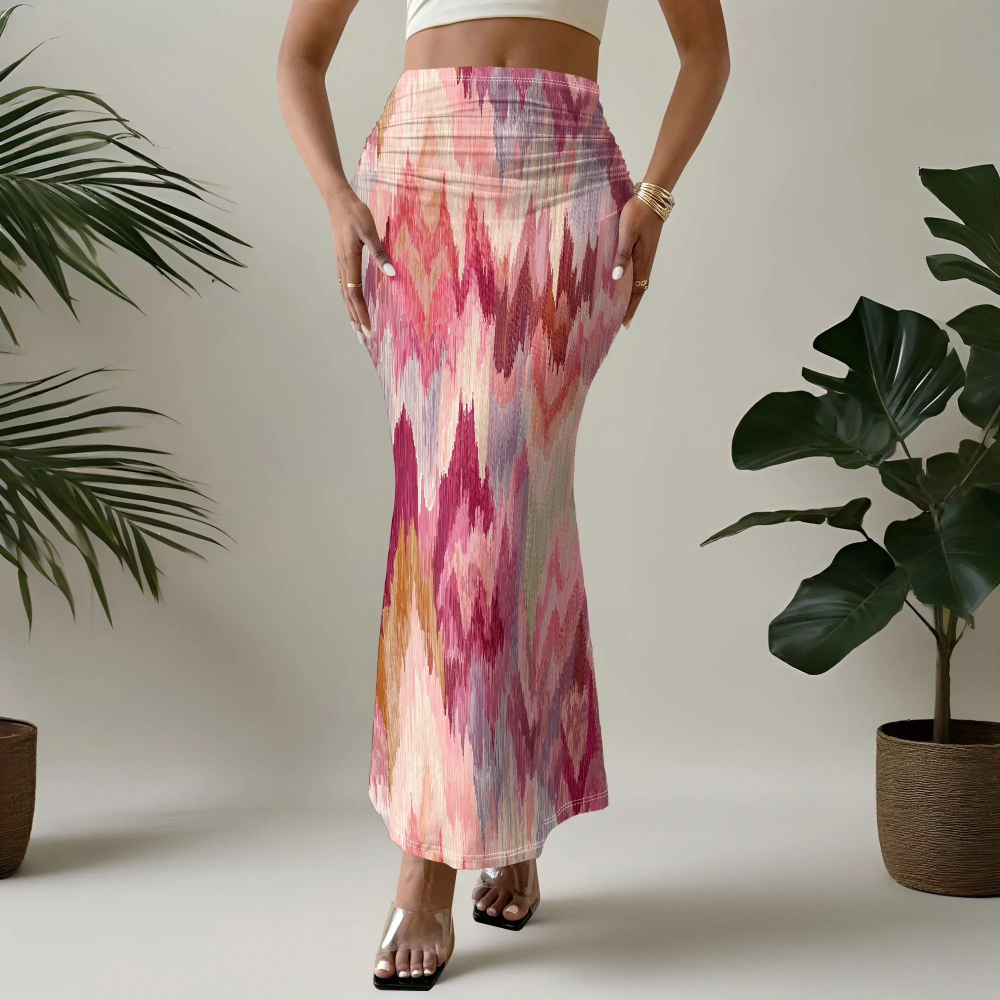 Pink Ikat Print Skirt, Abstract Geometric Pattern, Boho Beach Mermaid Style, Summer Vacation Outfit, S-3XL