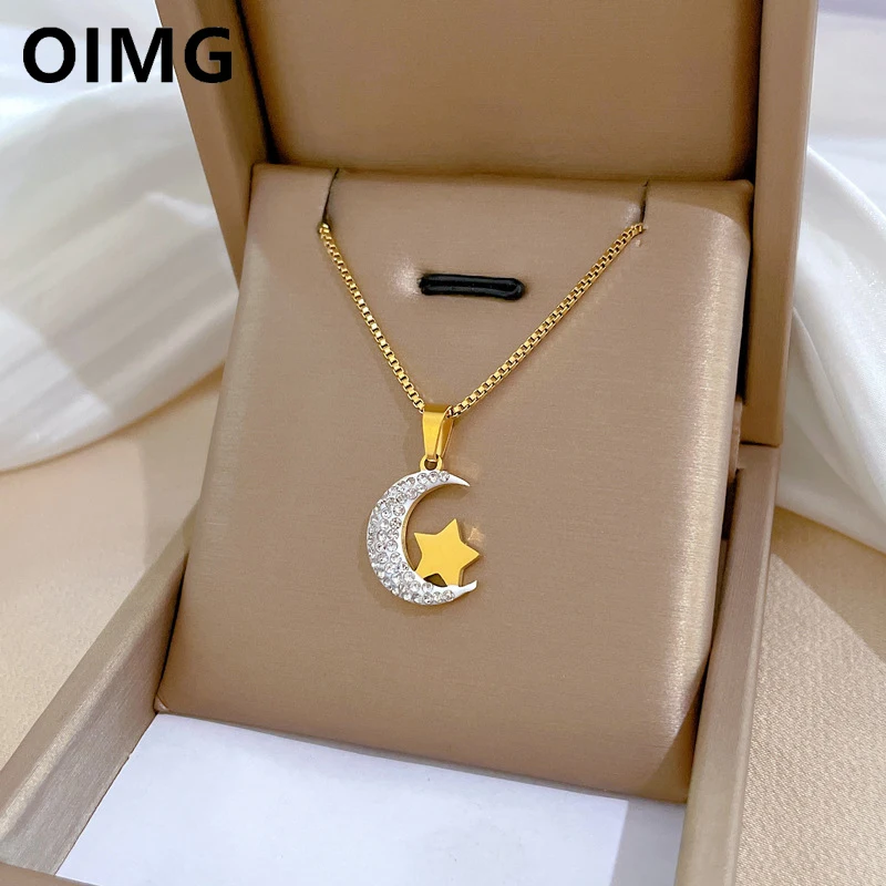 OIMG Titanium Steel No Rust Inlay Cubic Zirconia Stone Moon Star Pendant Necklace for Women Dainty Charm Girls clavicle Necklace