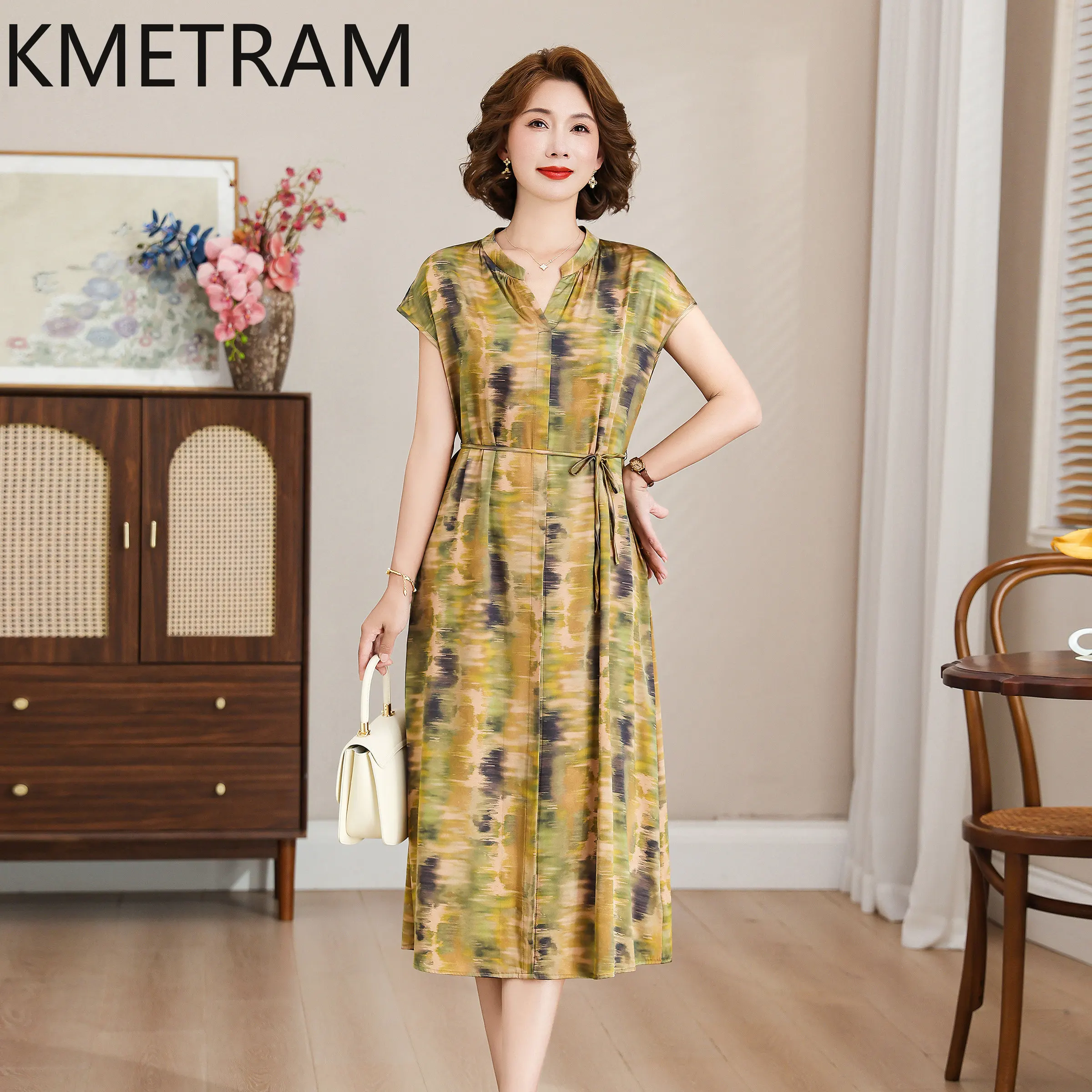 KMETRAM 90% Mulberry Silk Middle-aged Women's Dress 2026 Summer New Slimming Daily Commuting Printed Mid-length Dress Ropa Mujer