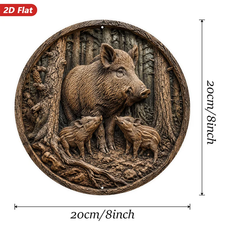 2D Flat, 1pc Round Metal Sign Wall Art, Wild Boar Family Decorative Wall Art, Rustic Style, Woodland Theme, Home Decor