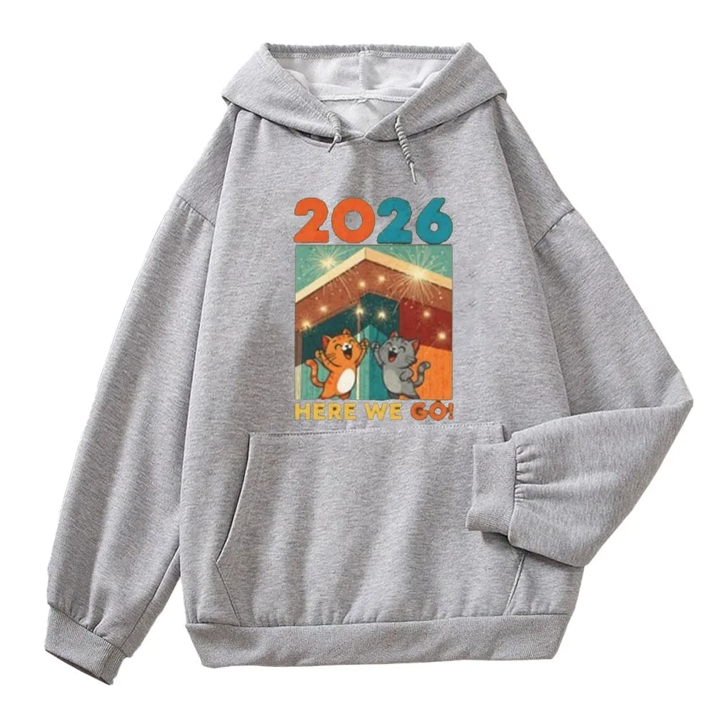 2026 Hier wir gehen! Kapuzenpullover, lustiges Sweatshirt für Freizeitkleidung, Tasche, verstellbarer Kordelzug, Unisex-Trainingsanzug für Damen und Herren