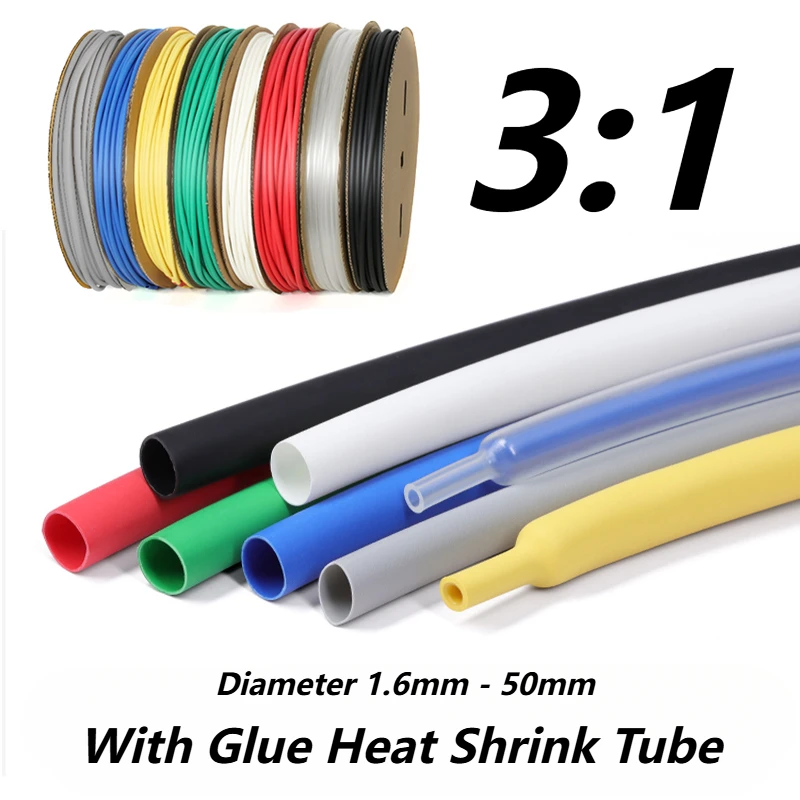 1M 3:1 Heat Shrink Tube With Double Wall Glue Diameter 1.6mm ~ 50mm DIY Wire Cable Connector Repair Waterproof Insulation Sleeve