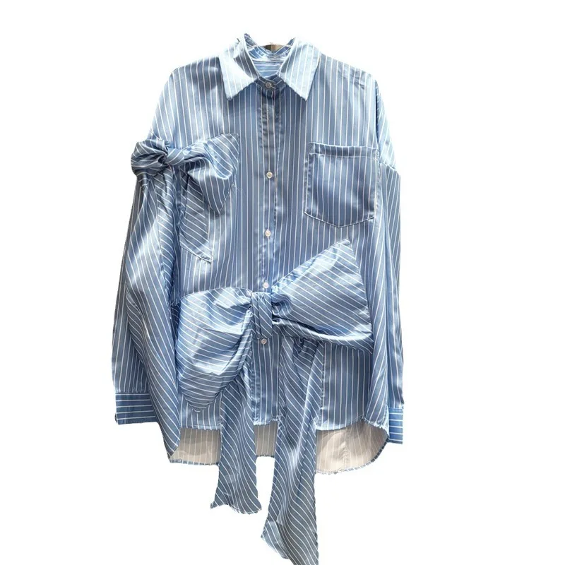 2024 Autumn New Bow Blue Striped Shirt Women High-Grade Korean Style Pocket Decoration Loose and Irregular Top Women Shirt