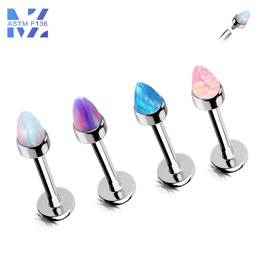 F136 Titanium Lip Studs Opal Pointed Cone 16g Internal Threaded Flat Bottom Bar Punk Style Earrings Body Piercing Jewelry