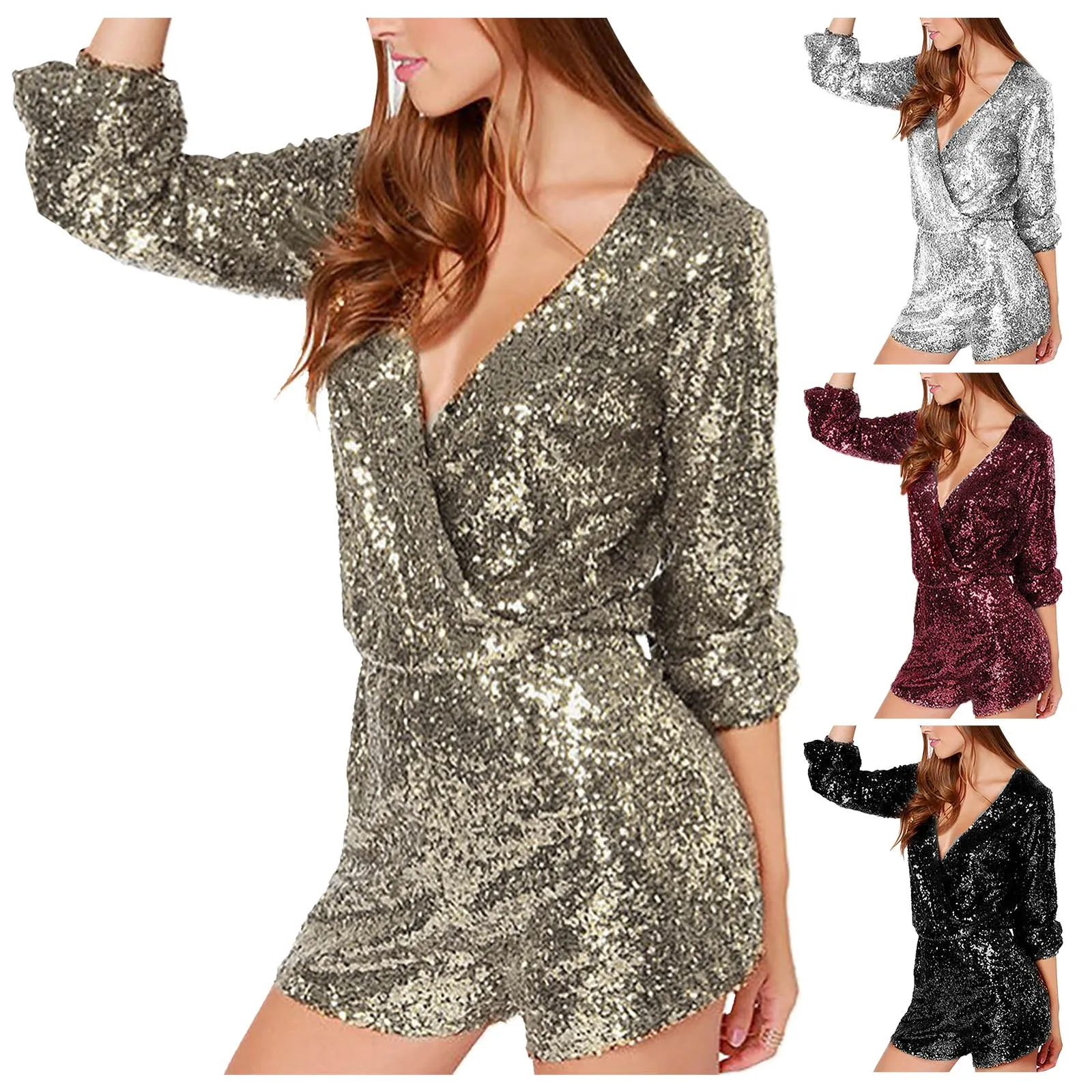 

Women's Fashionable Party Deep V Neck Hight Waist Long Sleeves Wrap Buttocks Sexy Sequined Solid Color Loose Jumpsuit Shorts