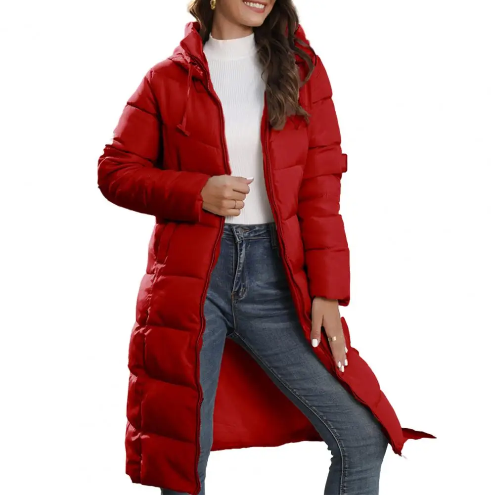 Long Jacket Women Winter Overcoat Thick Padded Hooded Neck Protection Pockets Drawstring Zipper Lady Cotton Jacket