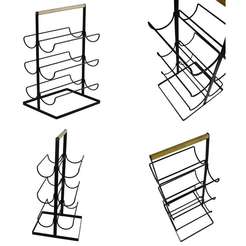 Modern Iron Wine Rack with Wooden Handle Rectangular Kitchen Shelf Storage Countertop Display Stand Eco Friendly Durable