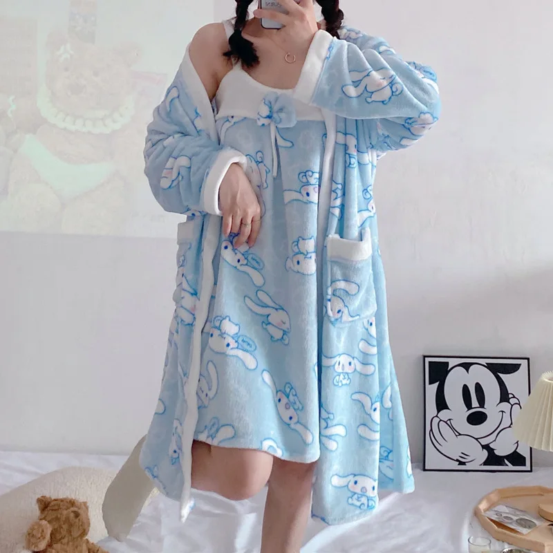 Cinnamoroll Nightgown Sanrio Anime Sexy Thick Warm Flannel Print Nightgowns Robes Set For Women Sleepwear Bathrobe Night Dress