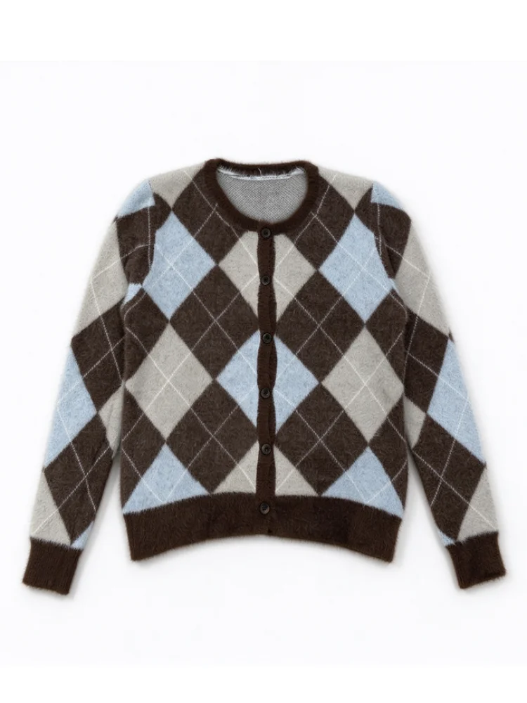 Women Argyle Plaid Cardigan Round Neck Button Front Long Sleeve Cropped Retro Diamond Check Fall Casual Sweater
