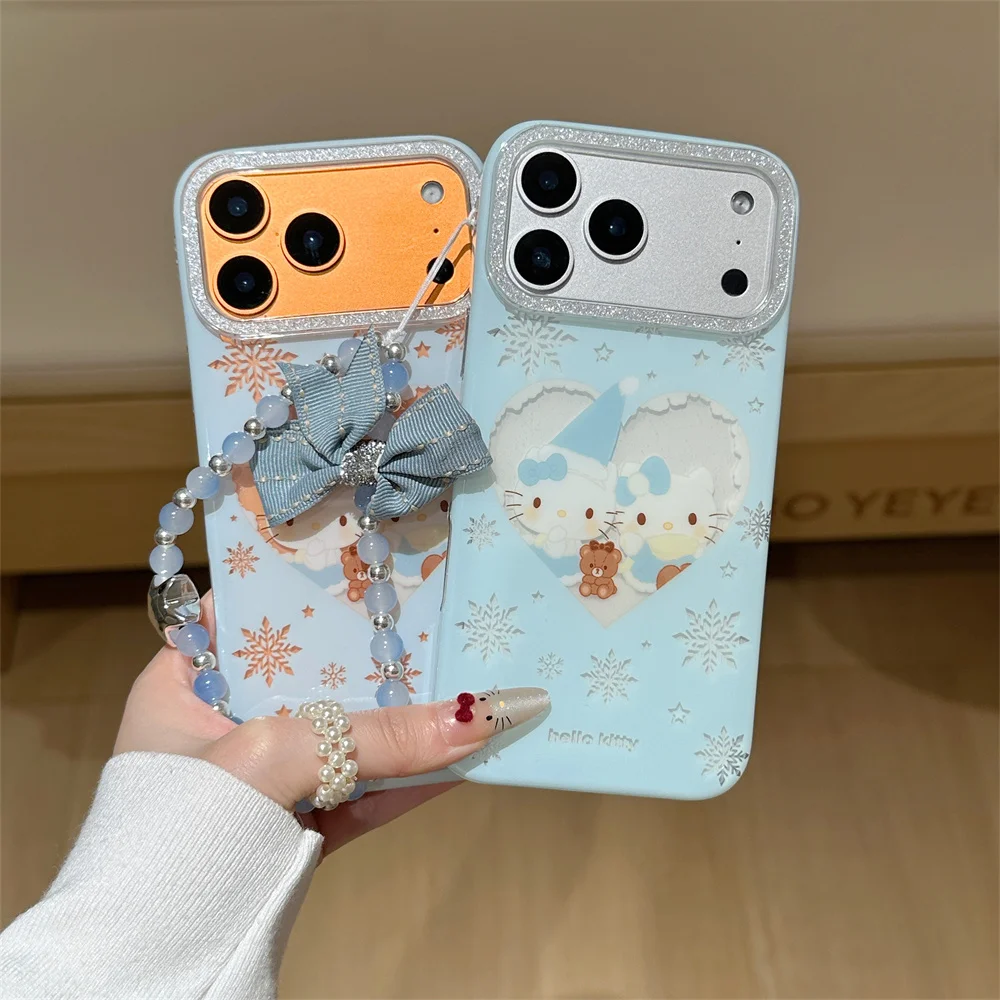 

Glitter Snowflake Cute Bear Phone Case for iPhone 14 15 16 Pro Max 17 Pro Cover Bow Chain Shockproof Funda Cartoon Cases For 17