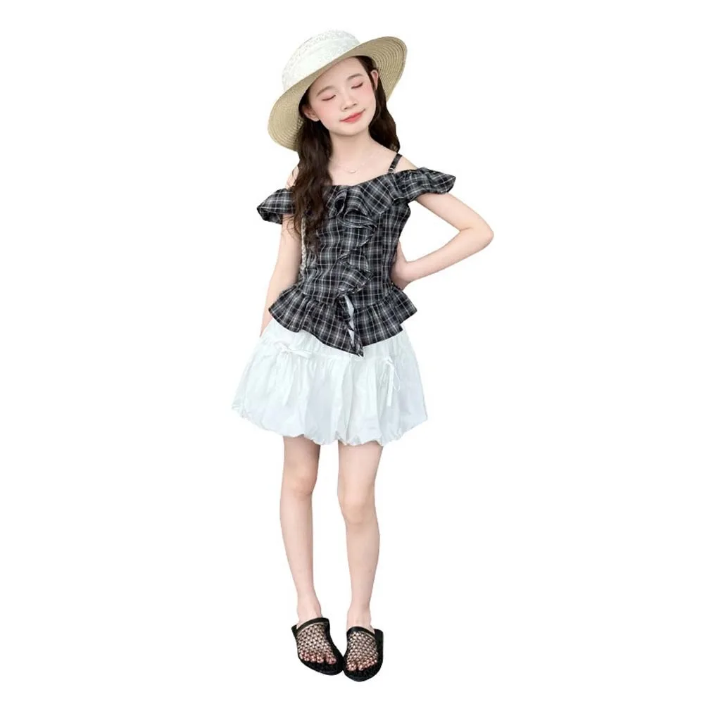 

Grid Pleated Kids Ruffles Short Dress One Shoulder Neck Camisole Top Girls Puff Sleeve Skirt Short Loose Children Plaid Dress