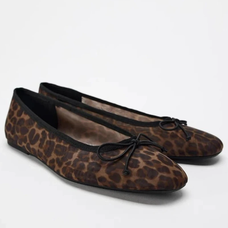 

Брендовые элегантные балетки с квадратным носком на плоской подошве, женские удобные туфли с бантом, сетчатая дышащая женская обувь Мэри Джейн с леопардовым принтом