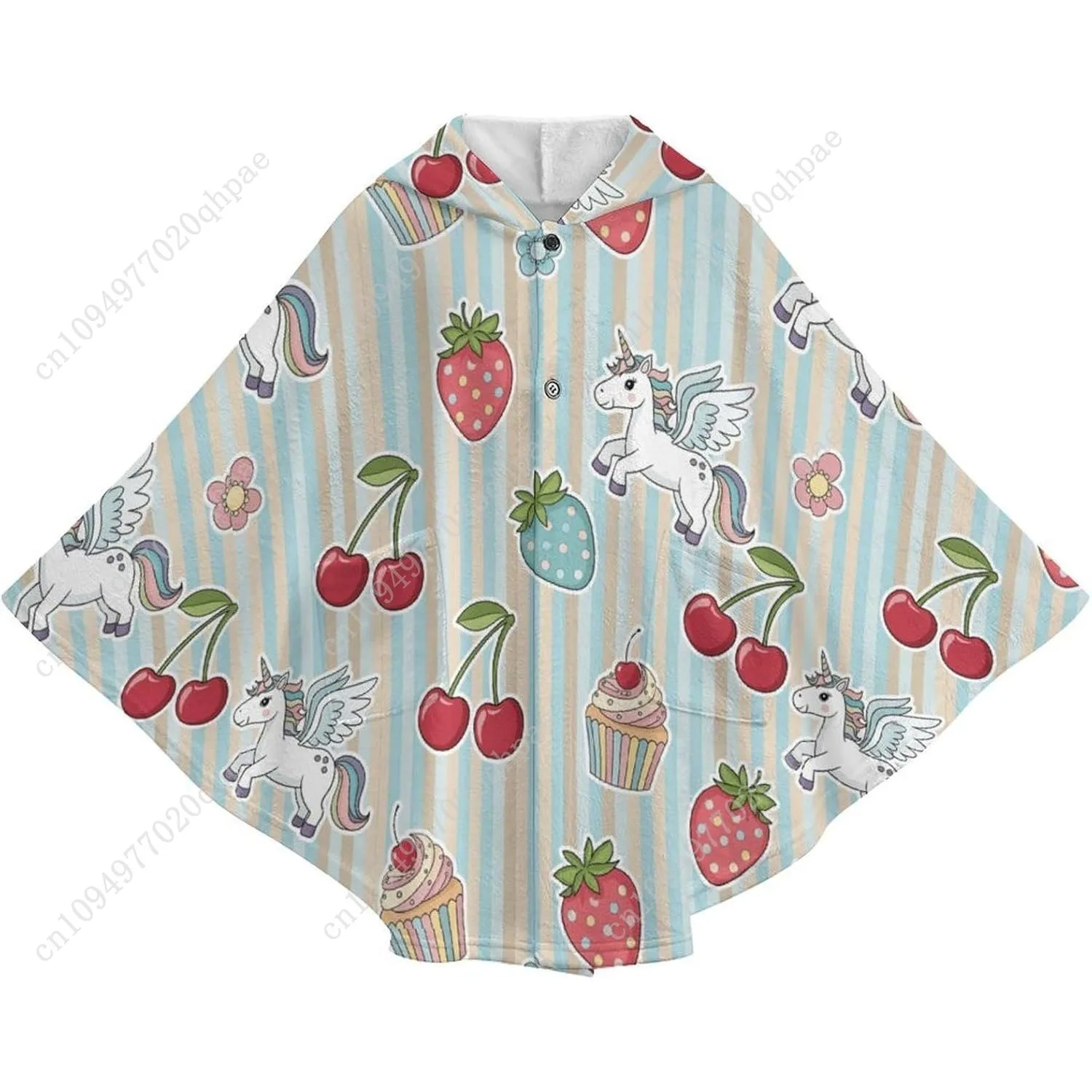 เสื้อสเวตเตอร์ผ้าฟลานเนลแสนสบาย เสื้อฮู้ดดี้โอเวอร์ไซส์ลายเค้กยูนิคอร์นผลไม้ มีกระเป๋าสำหรับเด็กและวัยรุ่น