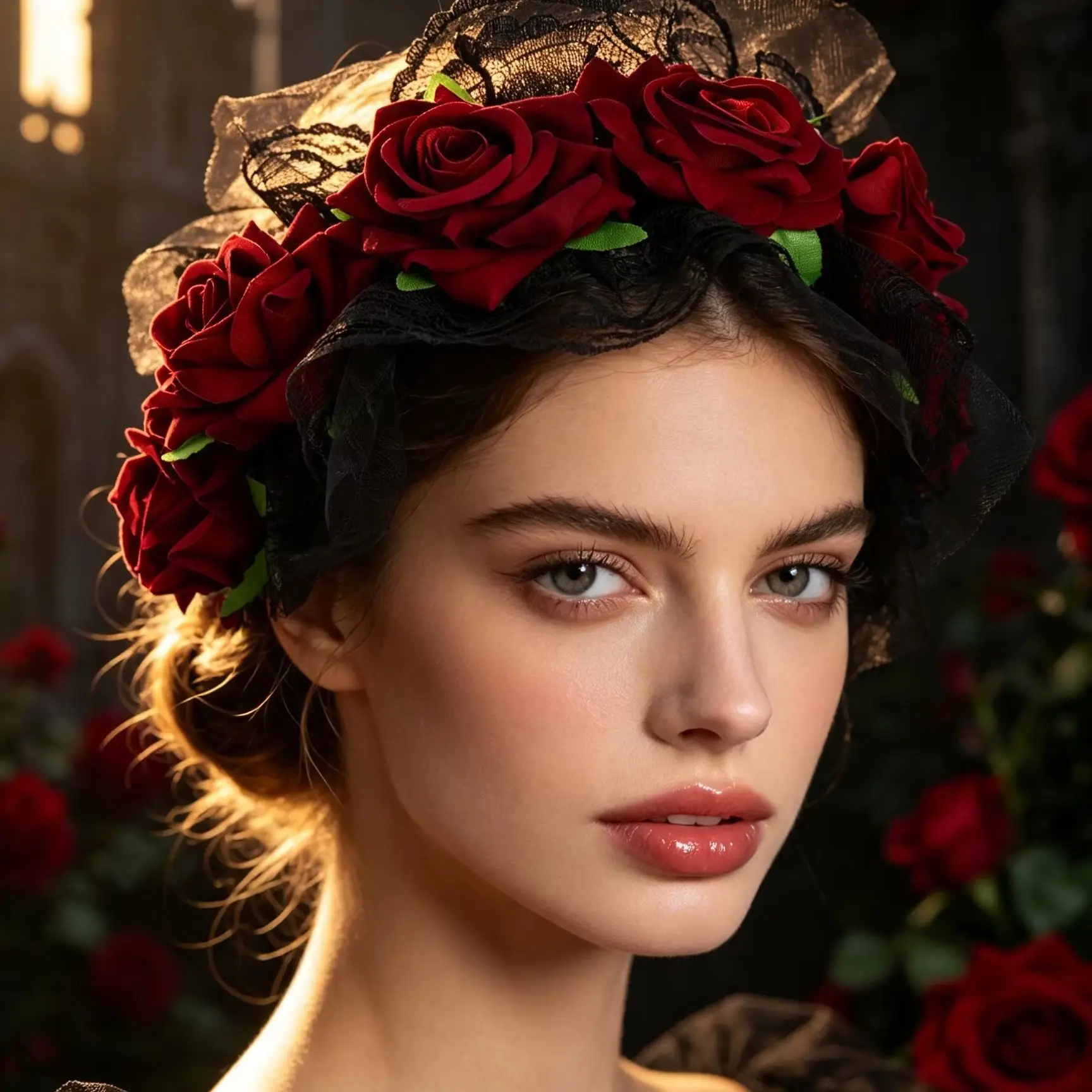 1 Piece of Retro Red Rose Black Lace Wreath Headband, Dark Castle Retro Style Black Wedding Dress Bridal Accessory