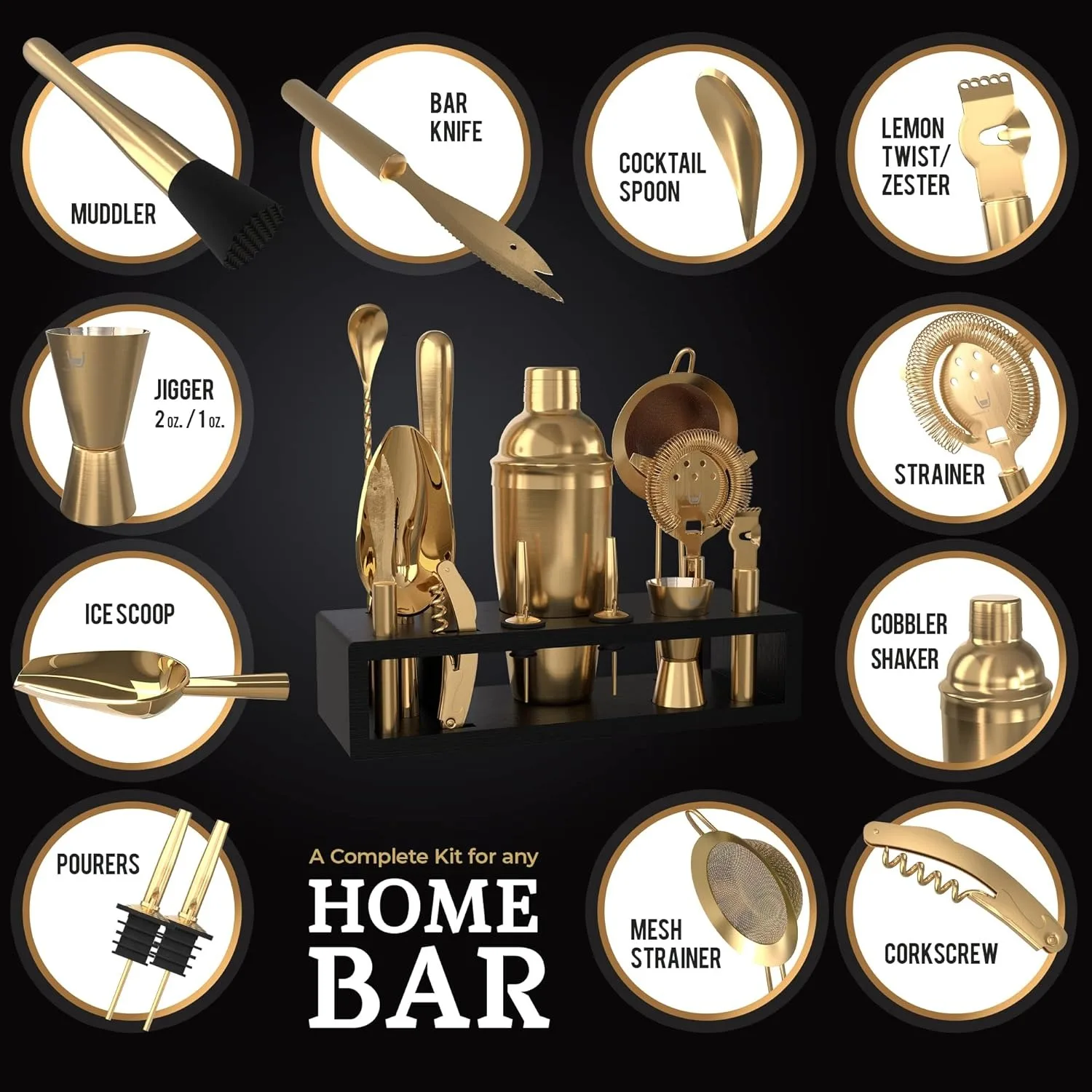 Highball &Chaser Bartender Kit with Espresso Bamboo Stand. Beautiful Cobbler Cocktail Shaker Set Tools Rustproof Stainless Steel