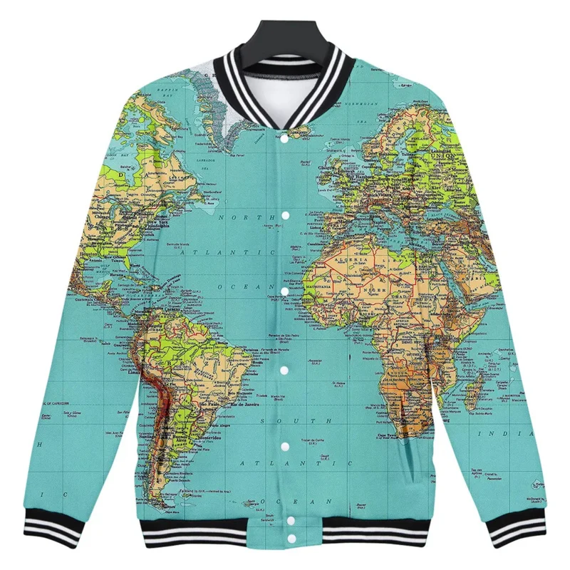 World map 3D print zip up baseball jacket men bomber jacket outerwear streetwear hip hop baseball uniform casual tracksuit oi786