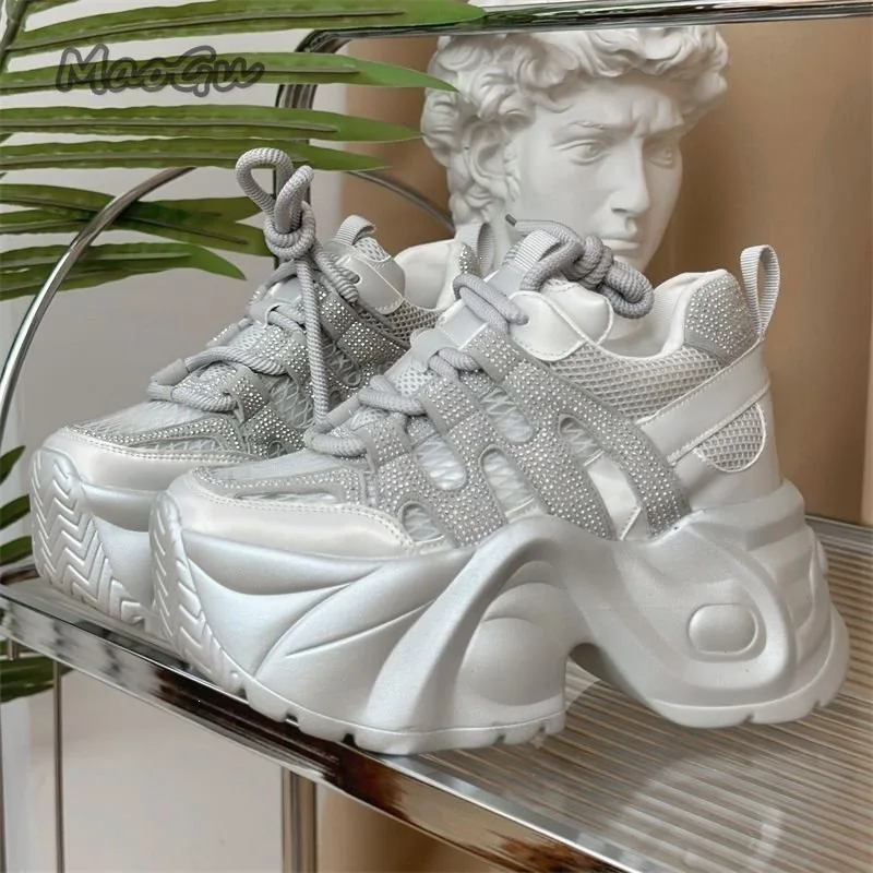 14cm Women Platform Chunky Sneakers Breathable Mesh Lace Up Dad Shoes Thick Sole Height Increasing Casual Walking Shoes Size 40 image 4