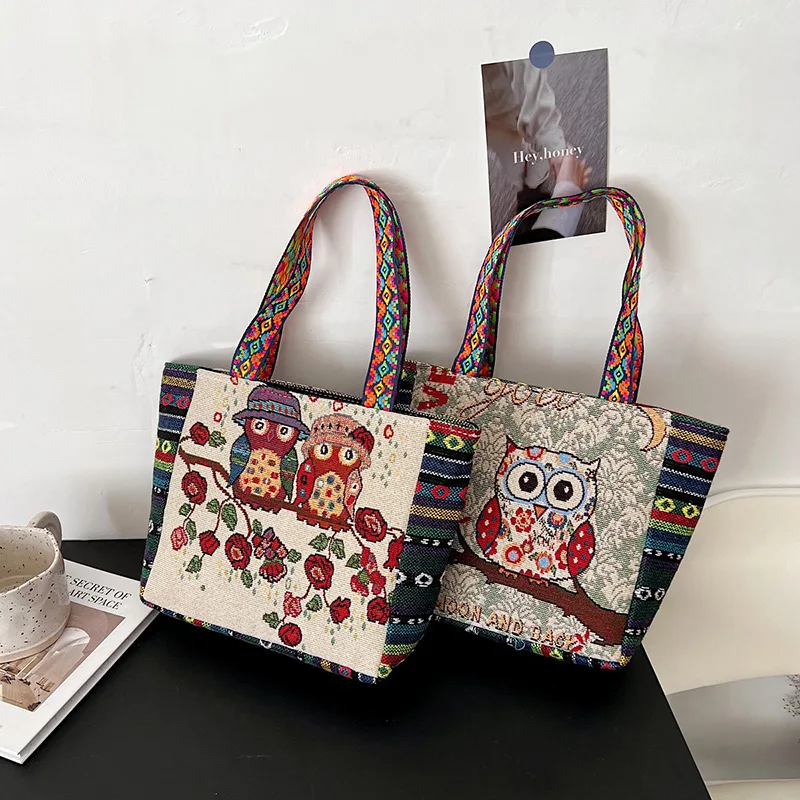 Retro Ethnic Style Women Tote Bag Owl Elephant Pattern Linen Boho Fashion Handmade Handbags Travel Beach Bag Casual Shopping Bag