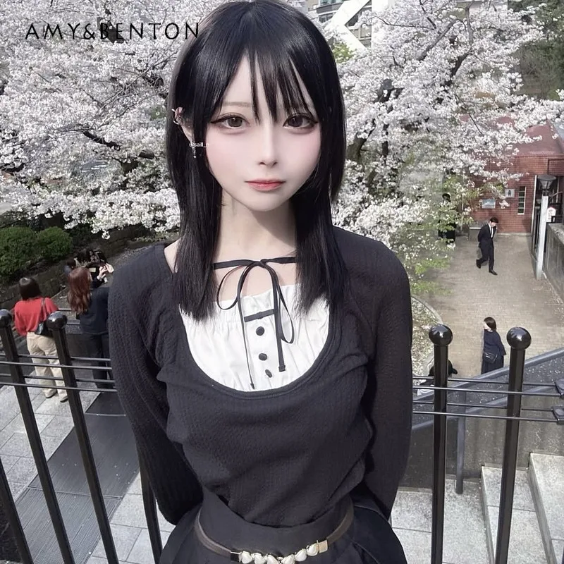 

Japanese Sweet Maid Style Lace-Up Long Sleeve Knitted Top Mine Series Mass-Produced Bow Tie Lace-Up Patchwork Solid Color Tops