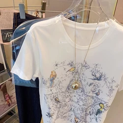 女性のための5点星の花と鳥のグラフィックTシャツ,ヨーロッパのファッション,カジュアルなストリートウェア,コットンTシャツ,y2kトップス,夏