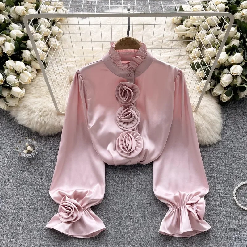 Half High Neck Stereo Flower Design Sense Women Clothing Shirts Light Luxury Vintage Puff Sleeve Blouses Single-breasted Blusas