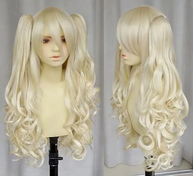 free shipping  Vocaloid U light blonde cosplay long curly wig + 2 clip on ponytail