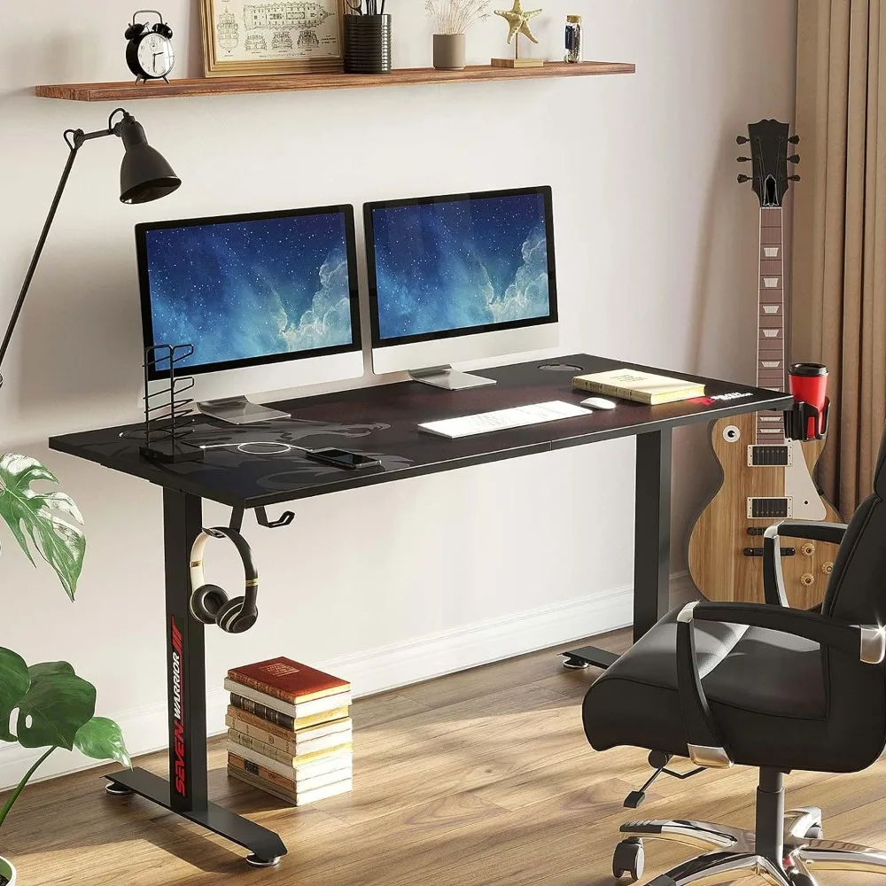 Computer Desk 55 Inch, T-Shaped Carbon Fiber Surface Computer Desk with Full Mouse Pad, with Dual Headset Hooks, USB Game Stand