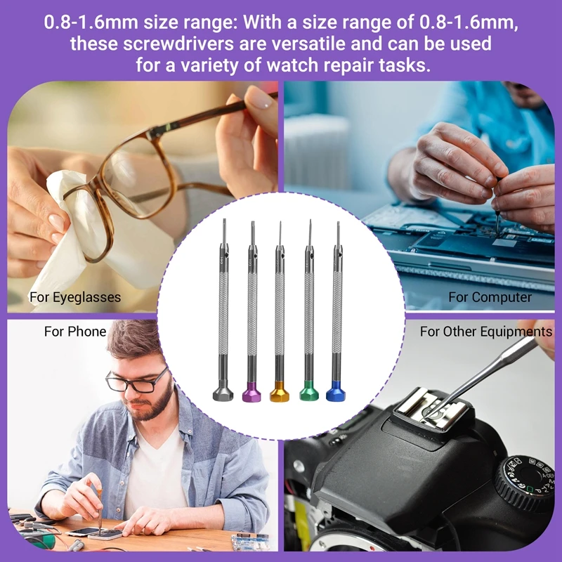 5Pcs/Set 0.8-1.6Mm Steel Screwdriver For Watch Repairing Portable Watch Tools Band Removal With Pins Watchmaker Tools