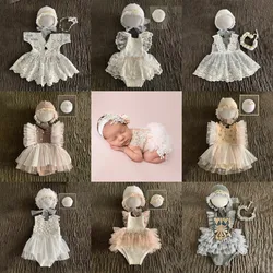 Vestido de renda para foto de bebê recém-nascido, proe chapéu, acessórios para meninas, roupas de princesa de 1 mês