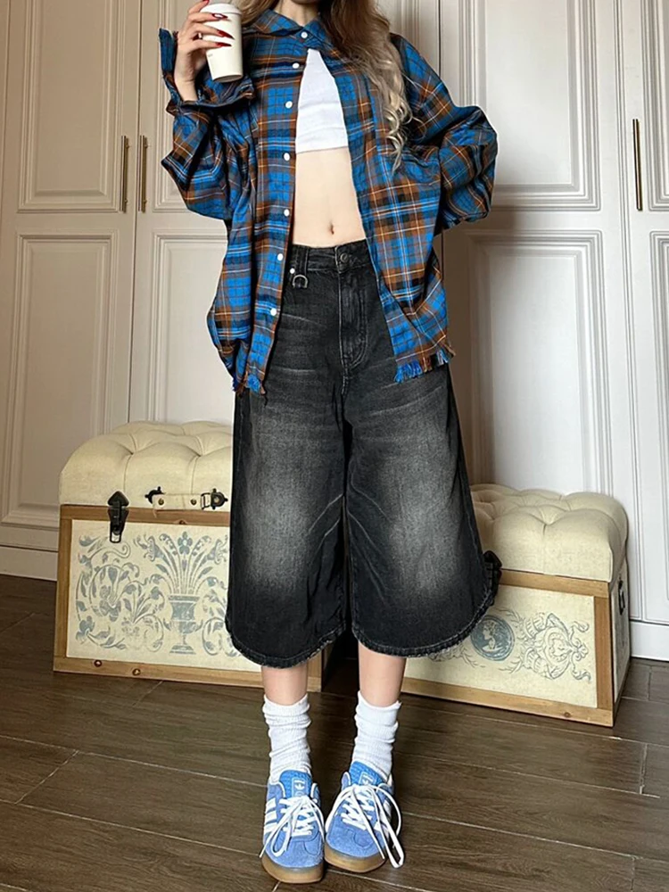 

Женские джинсовые шорты-кюлоты с высокой талией, широкими штанинами, длиной 7/8, весна-лето, новинка, ретро, свободные, прямые, средней длины