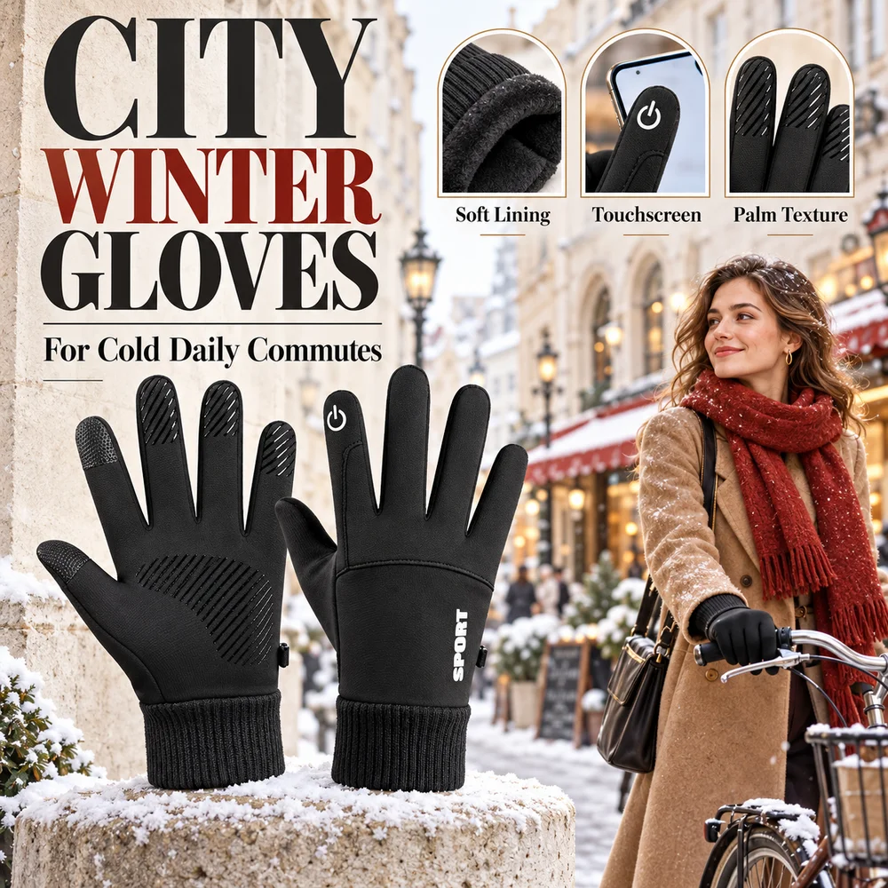 Daily Casual Touch Screen Thermal Winter Gloves Non-Slip Textured Palm Ribbed Wrist Cuff for Men Women Walking Hiking Outdoor