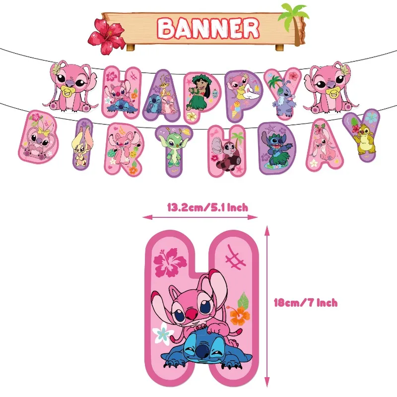 Pink Disney Lilo Stitch Theme Party Supplies DIY Balloon Birthday Banner Latex Balloon Decoration Cake Supplies Invitation Cards