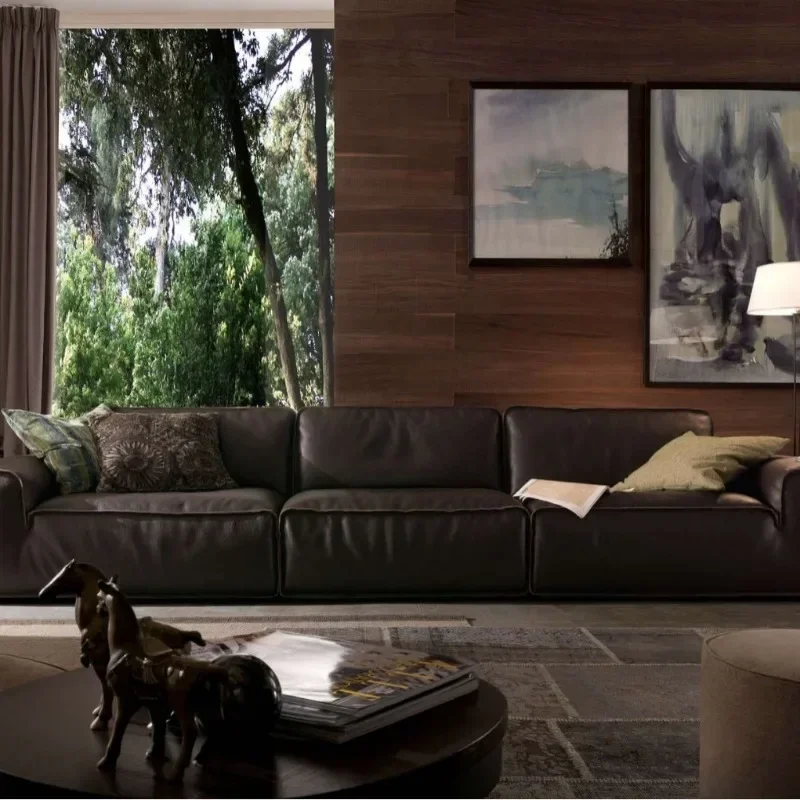Leather straight sofa modern living room first floor cowhide designer mansion