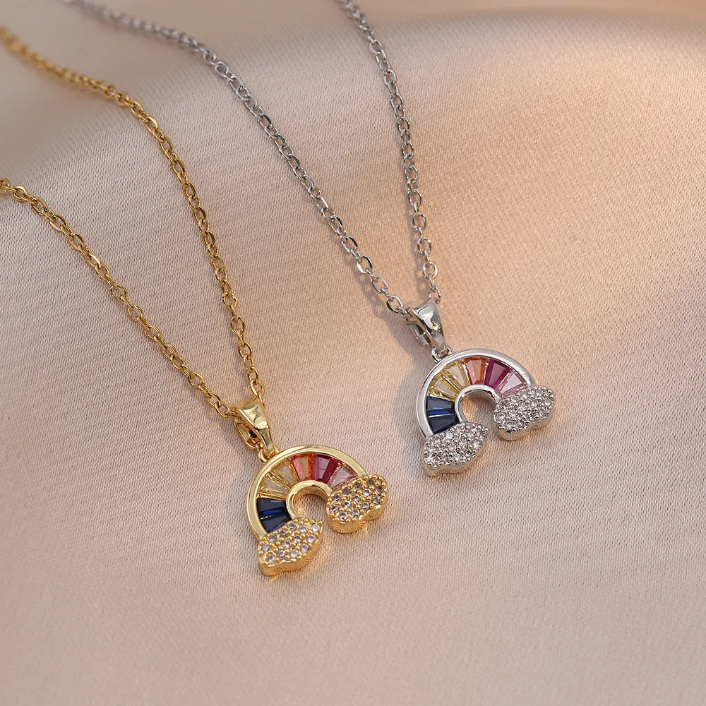 Rainbow Cloud  Zircon Necklace Female INS Simple Pendant Temperament Necklaces For Women Fashion Stainless Steel Clavicle Chain