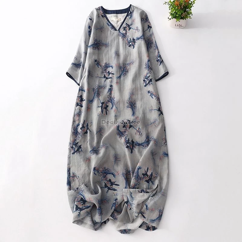 

2025 traditional chinese style cotton linen cheongsam dress for women loose mid-length casual printed summer half sleeve qipao