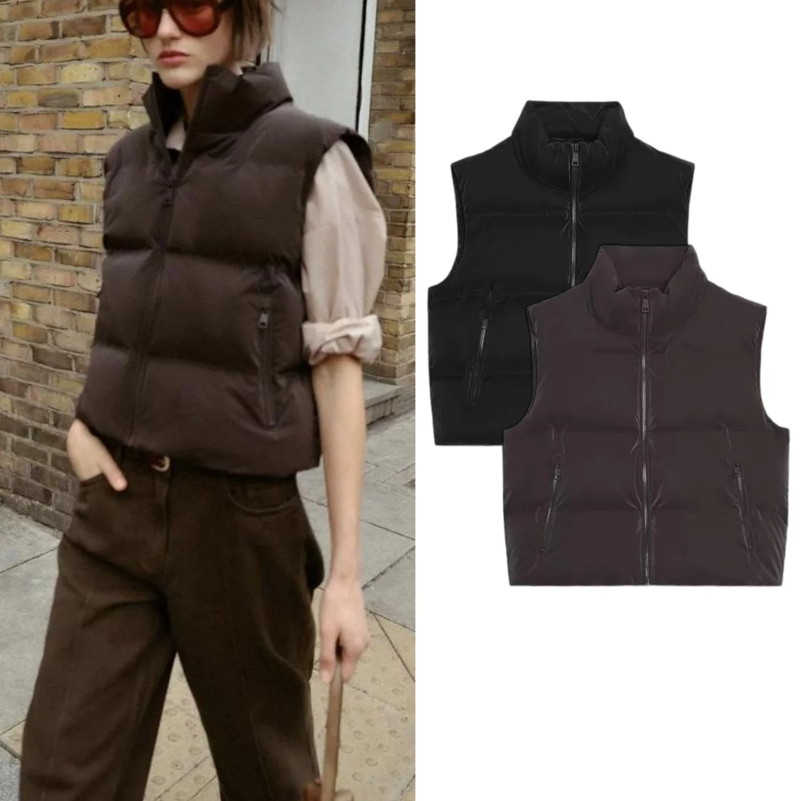 New Autumn Women's Zipper Stand Collar Sleeveless Pressed Cotton Vest Tank Top 3046232 Fashionable Commute Style Polyester