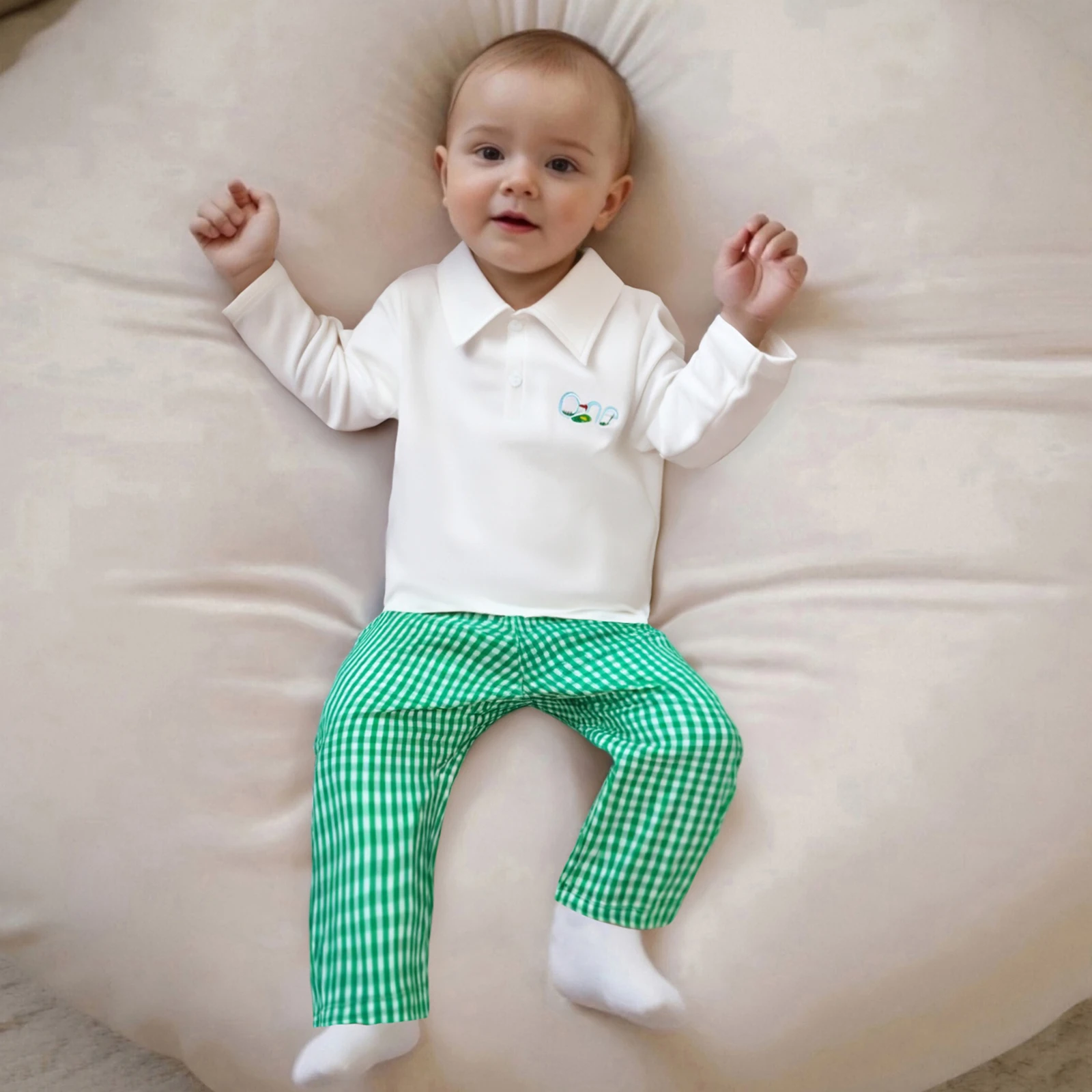 

Комплект одежды из 2 предметов для маленьких мальчиков, топы с отложным воротником и пуговицами, штаны в сетку, комплект одежды