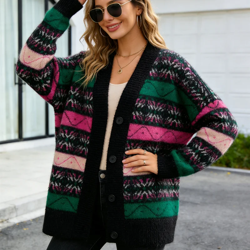 

2026 New Women's Mohair Knit Cardigan Vintage Colorful Striped V Neck Button Up Oversized Sweater Coat, Warm Long Sleeves Jacket